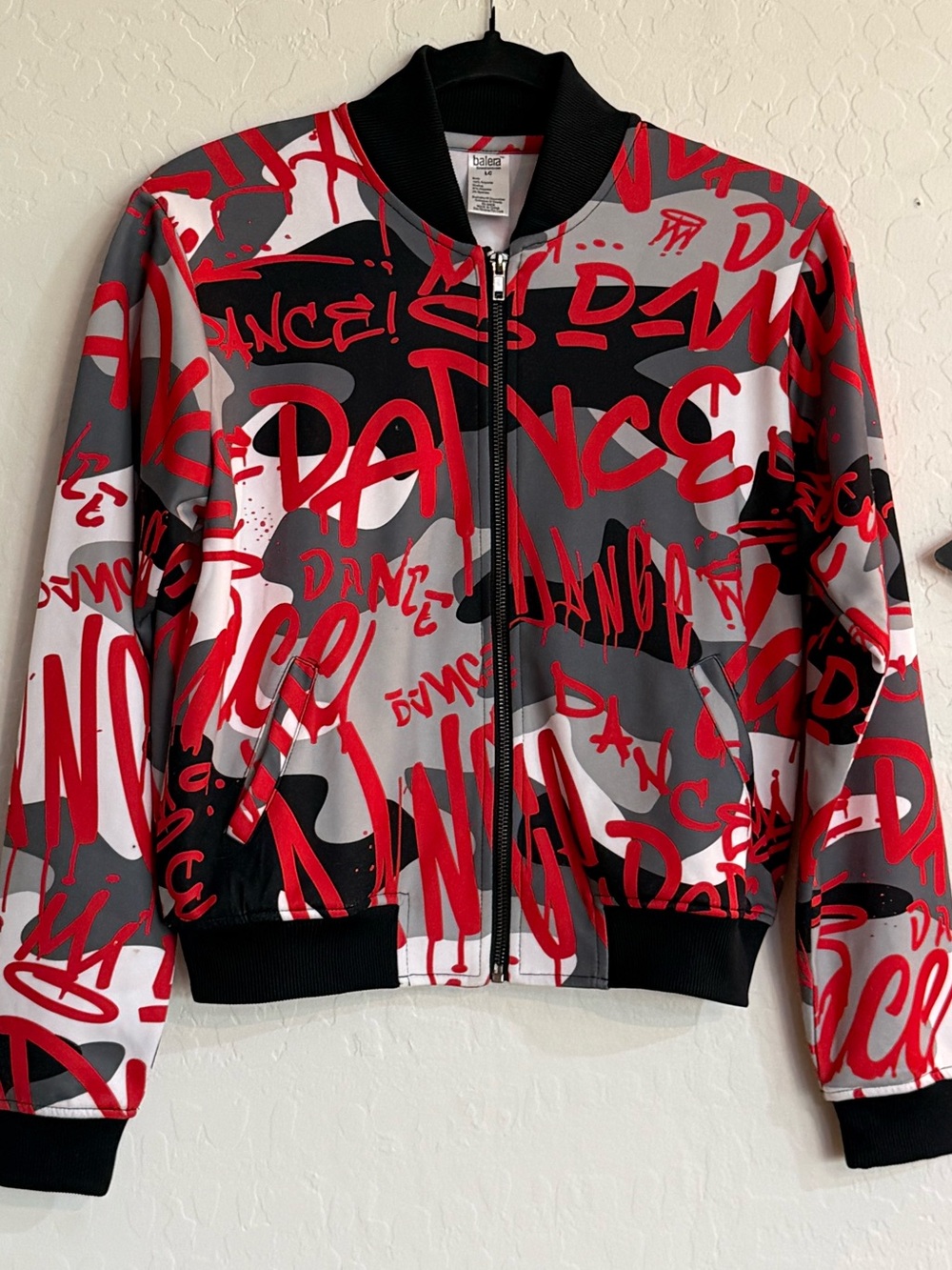 BALERA Graffiti Print Dance Bomber Jacket Size LC Red Gray Black